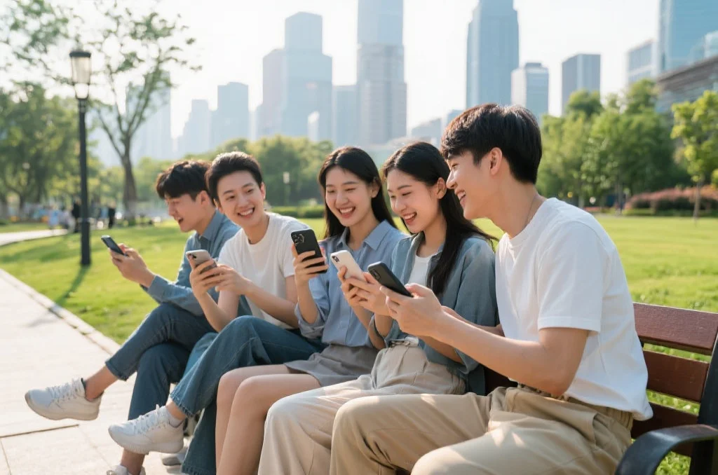 现代都市背景下,一群年轻人坐在公园长椅上,愉快地用手机APP互动